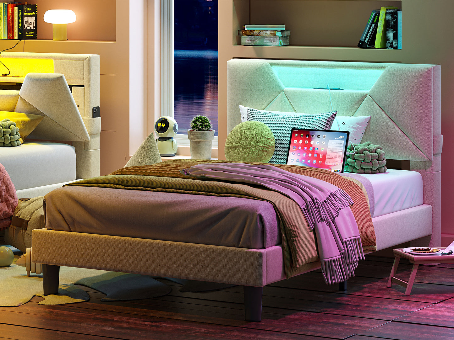 Twin Bed Frame with Storage Headboard, Beige