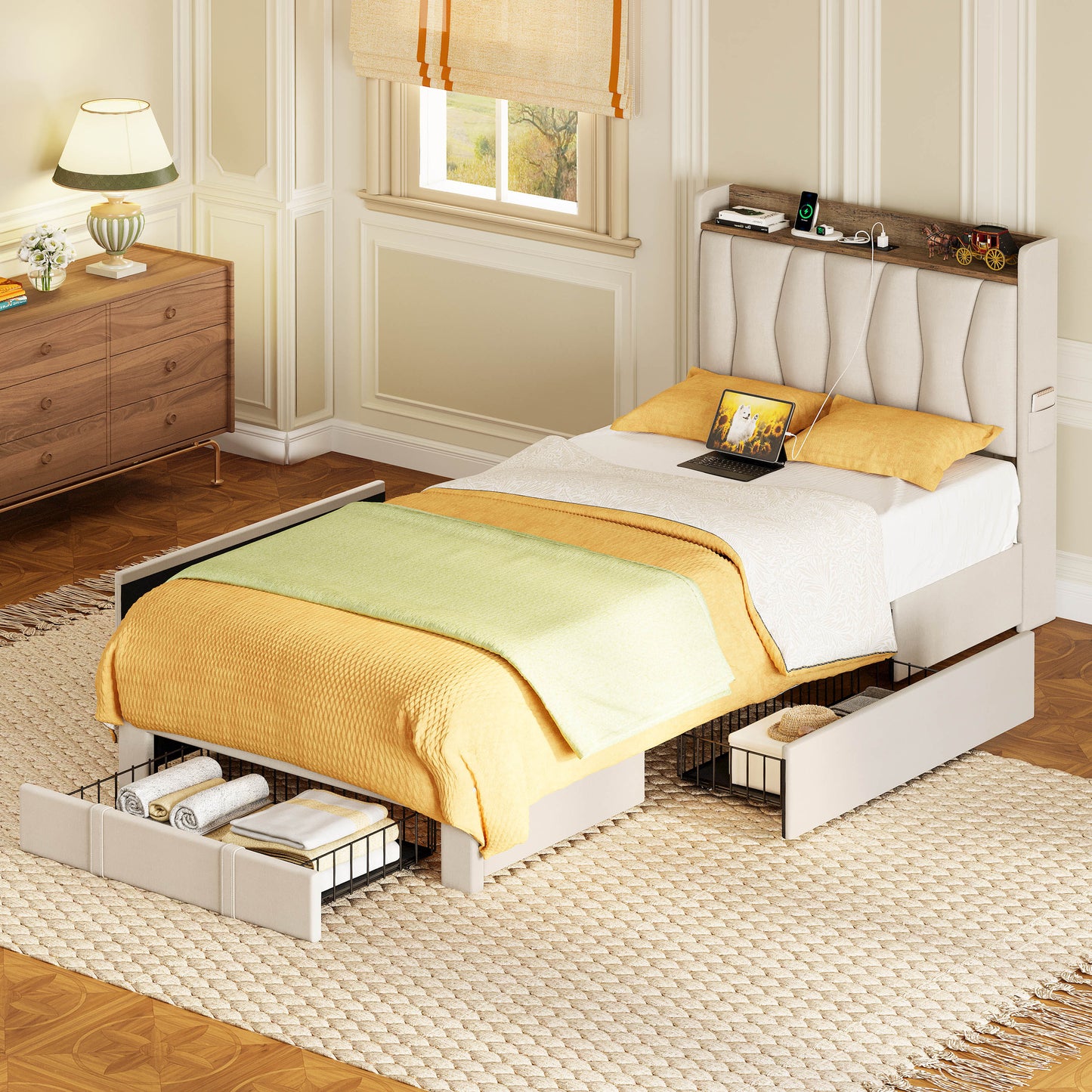 Twin XL Bed Frame with 3 Drawers,Beige