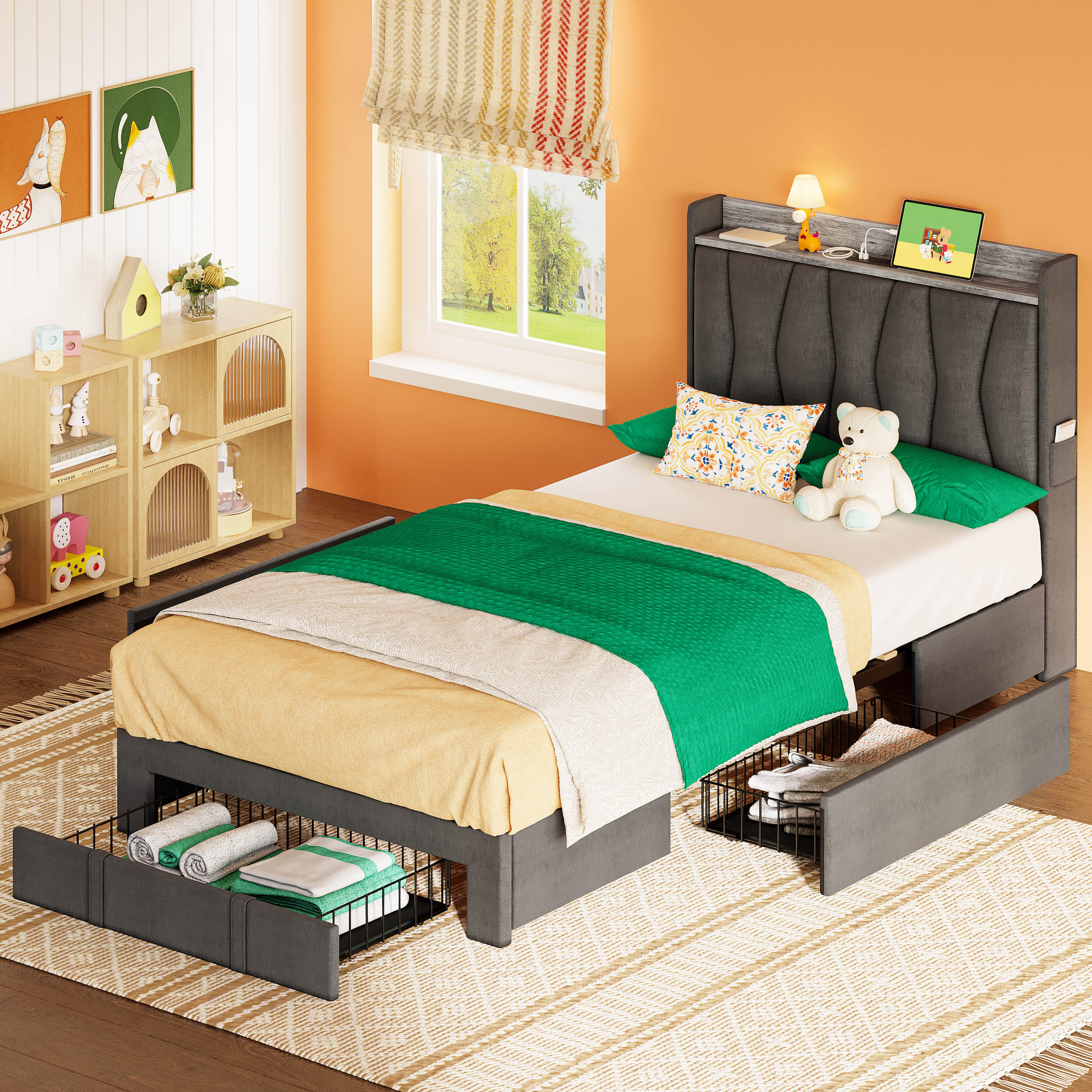 Twin XL Bed Frame with 3 Drawers,Grey