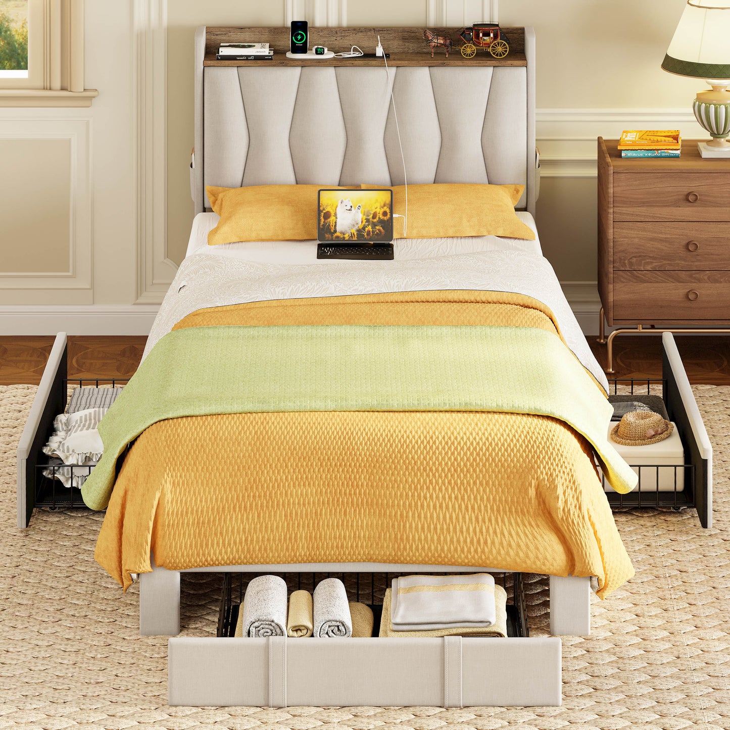 Twin XL Bed Frame with 3 Drawers,Beige
