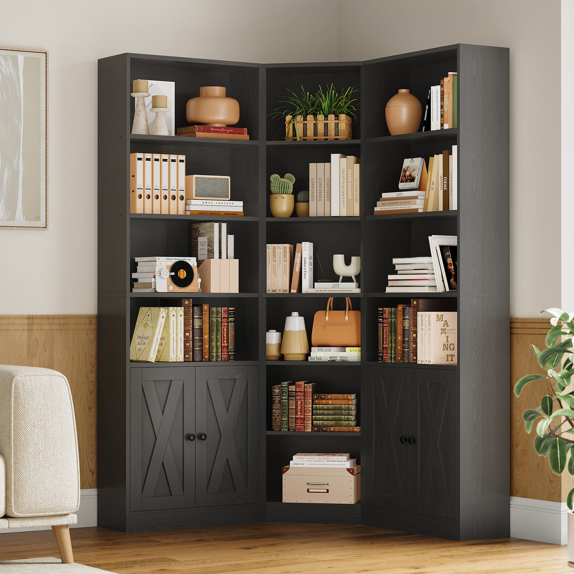 7 Tiers Corner Bookcase with Doors and 2 Storage Cabinets, Large L-Shaped Bookshelf, Tall Corner Book Shelf for Living Room, Study, Black