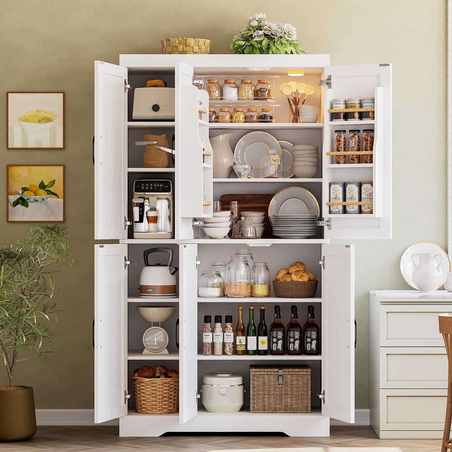 Kitchen Pantry Cabinet with LED Lights, 6 Barn Doors, 39.4" W x 71.3" H, Large Storage Cabinet with 12 Shelves, Freestanding Cupboard with Door Storage Rack for Dining Room, White