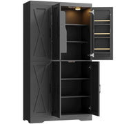 Kitchen Pantry Cabinet with LED Lights, 6 Barn Doors, 39.4" W x 71.3" H, Large Storage Cabinet with 12 Shelves, Freestanding Cupboard with Door Storage Rack for Dining Room, Black
