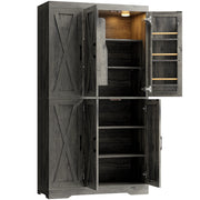 Kitchen Pantry Cabinet with LED Lights, 6 Barn Doors, 39.4" W x 71.3" H, Large Storage Cabinet with 12 Shelves, Freestanding Cupboard with Door Storage Rack for Dining Room, Charcoal Grey