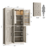 Kitchen Pantry Cabinet with LED Lights, 6 Barn Doors, 39.4" W x 71.3" H, Large Storage Cabinet with 12 Shelves, Freestanding Cupboard with Door Storage Rack for Dining Room, Rustic Maple