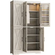 Kitchen Pantry Cabinet with LED Lights, 6 Barn Doors, 39.4" W x 71.3" H, Large Storage Cabinet with 12 Shelves, Freestanding Cupboard with Door Storage Rack for Dining Room, Rustic Maple