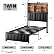 Twin Bed Frame with LED Lights & Charging Station