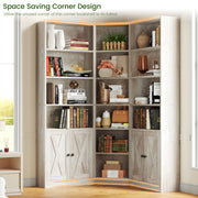 Large Corner Bookshelf with 2 Doors and Storage Cabinets, L-Shaped 7 Tiers Wood Bookcase, Tall Corner Book Shelf for Living Room, Home Office, Rusitc Maple