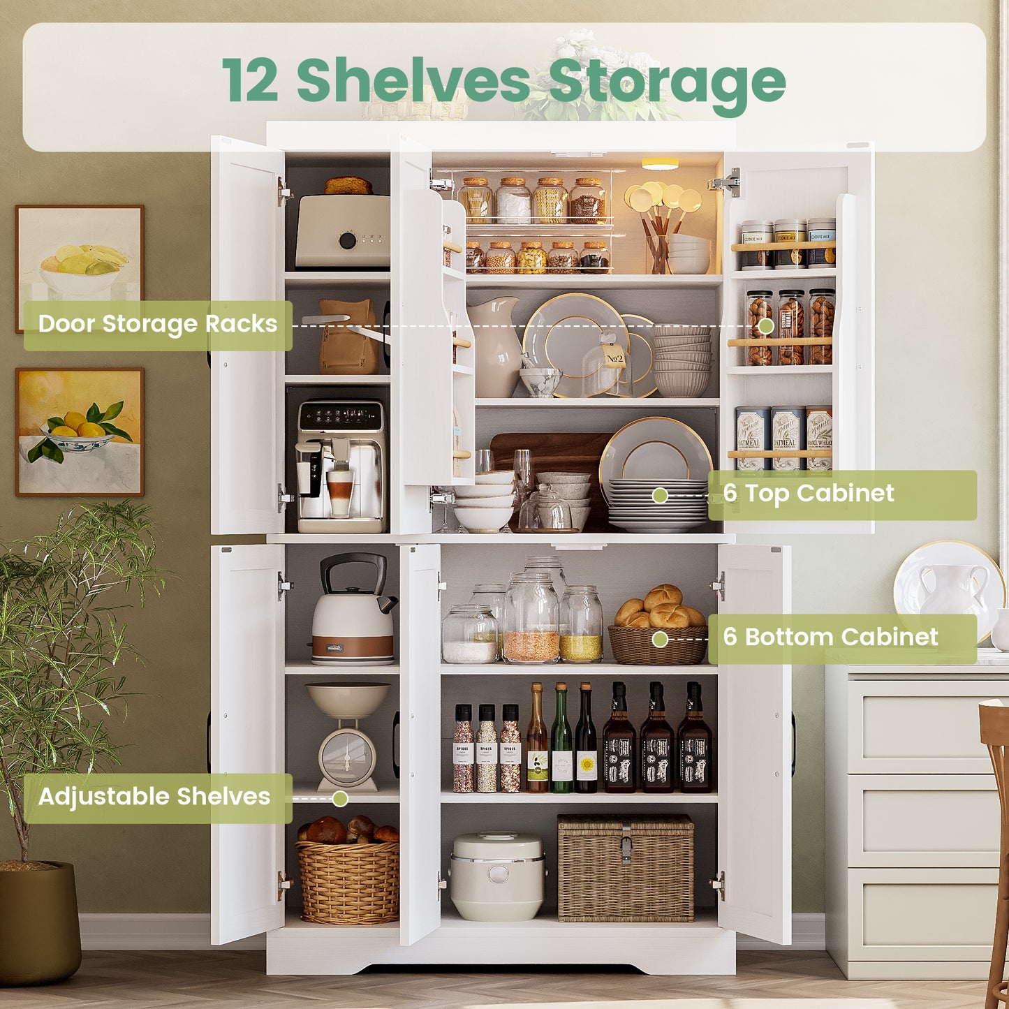 Kitchen Pantry Cabinet with LED Lights, 6 Barn Doors, 39.4" W x 71.3" H, Large Storage Cabinet with 12 Shelves, Freestanding Cupboard with Door Storage Rack for Dining Room, White