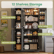 Kitchen Pantry Cabinet with LED Lights, 6 Barn Doors, 39.4" W x 71.3" H, Large Storage Cabinet with 12 Shelves, Freestanding Cupboard with Door Storage Rack for Dining Room, Charcoal Grey