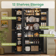Kitchen Pantry Cabinet with LED Lights, 6 Barn Doors, 39.4" W x 71.3" H, Large Storage Cabinet with 12 Shelves, Freestanding Cupboard with Door Storage Rack for Dining Room, Black