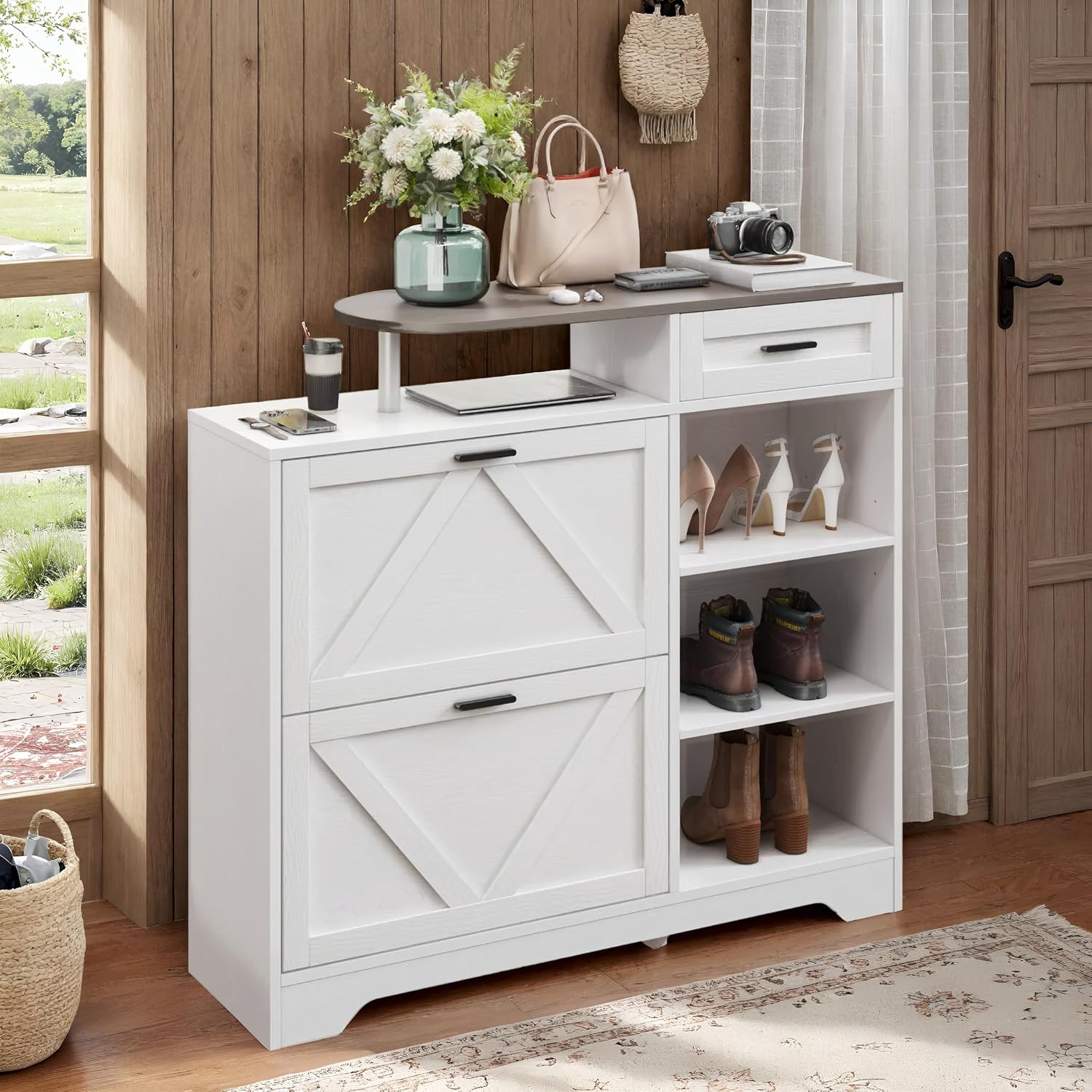 Shoe Cabinet with 2 Flip Drawers, 47.2" Long Large Shoe Entryway Cabinet