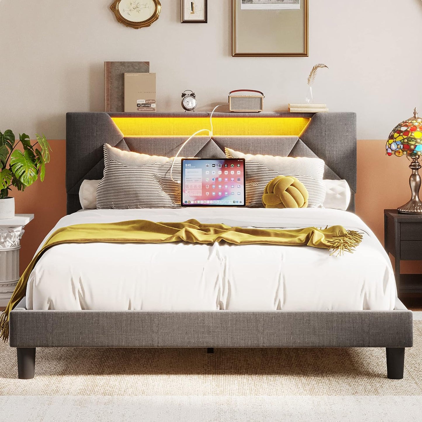 LED Lights Upholstered Platform Bed