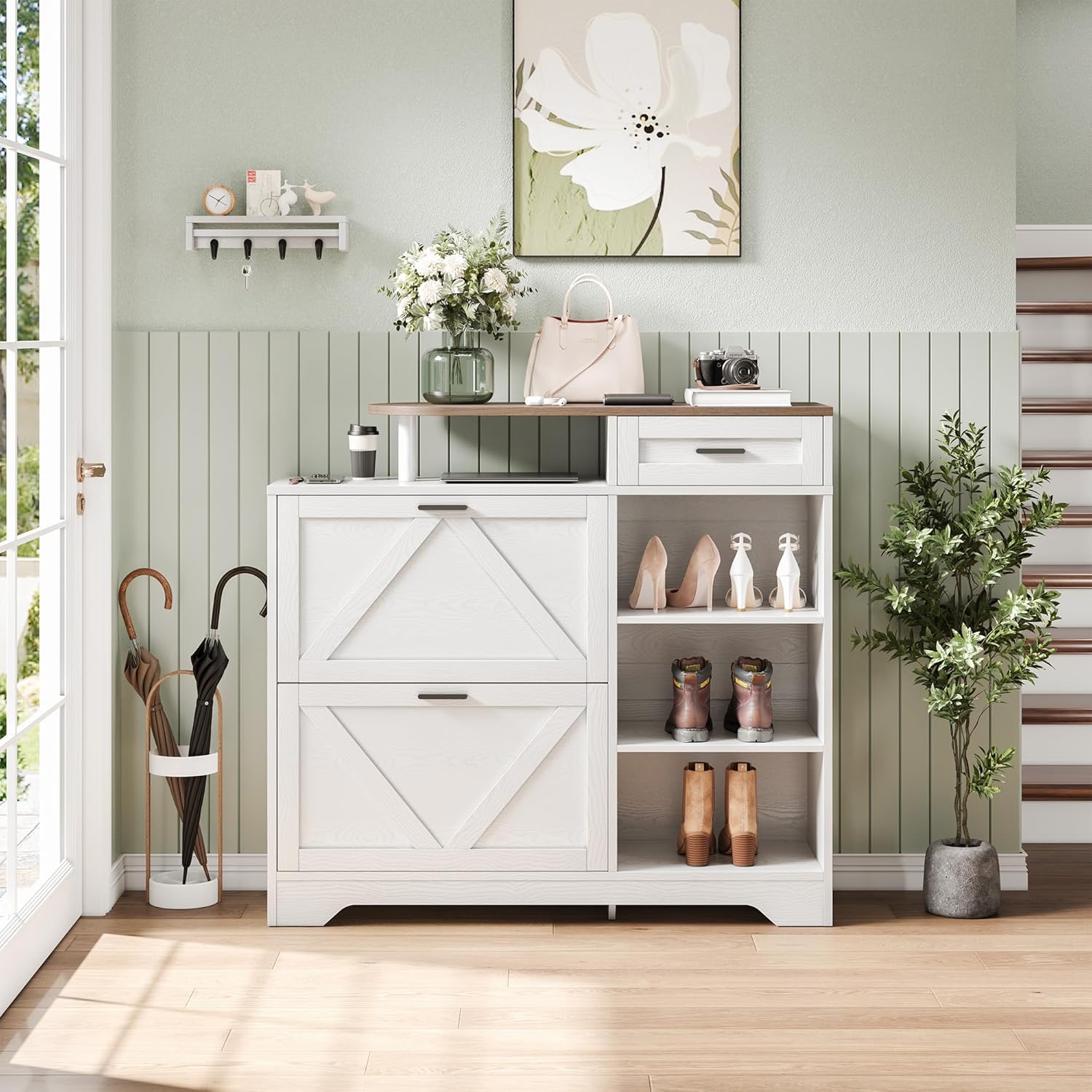 Shoe Cabinet with 2 Flip Drawers, 47.2" Long Large Shoe Entryway Cabinet