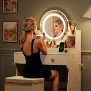 Vanity Desk with Mirror, Makeup Table with Power Outlets, Touchable LED