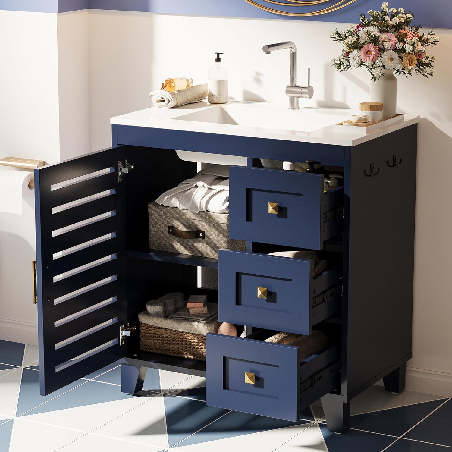 30" Bathroom Vanity with Sink, Upgraded All-in-One SMC Sink, Bathroom Sink Cabinet with 3 Drawers 2-Tier Storage Cabinet with Adjustable Shelves Towel Hooks Soft-Close for Master Suites Rental Units