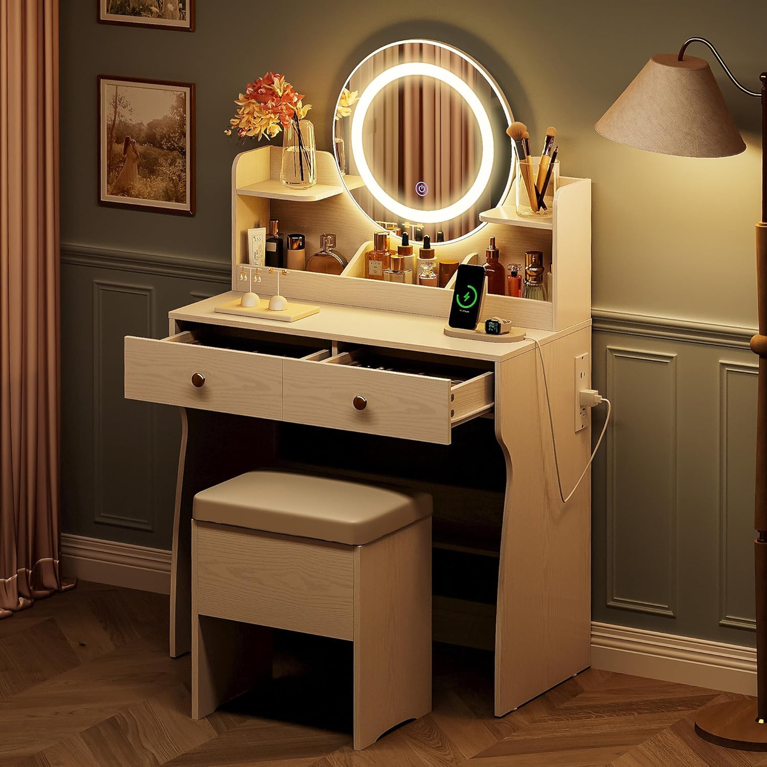 Vanity Desk with Mirror, Makeup Table with Power Outlets, Touchable LED