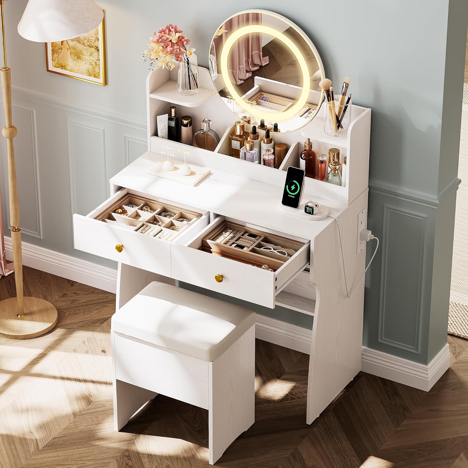 Vanity Desk with Mirror, Makeup Table with Power Outlets, Touchable LED