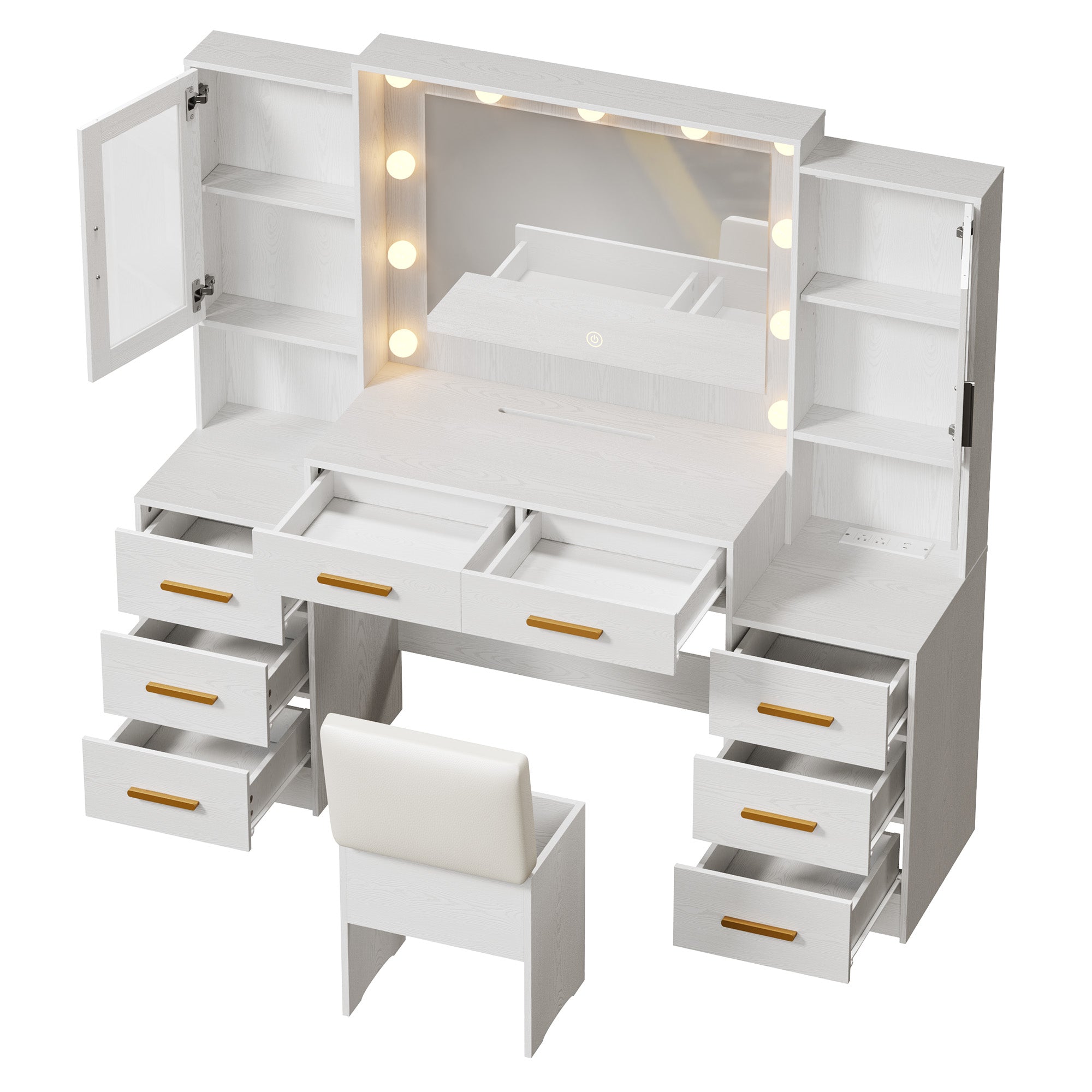 58.4" Large Makeup Vanity with Mirror, Vanity Set with Stool Lights 8 Drawers 2 Glass-Door Cabinets Power Outlet Phone Groove Vanity with Chair Makeup Vanity Desk for Bedroom Dressing Room, White
