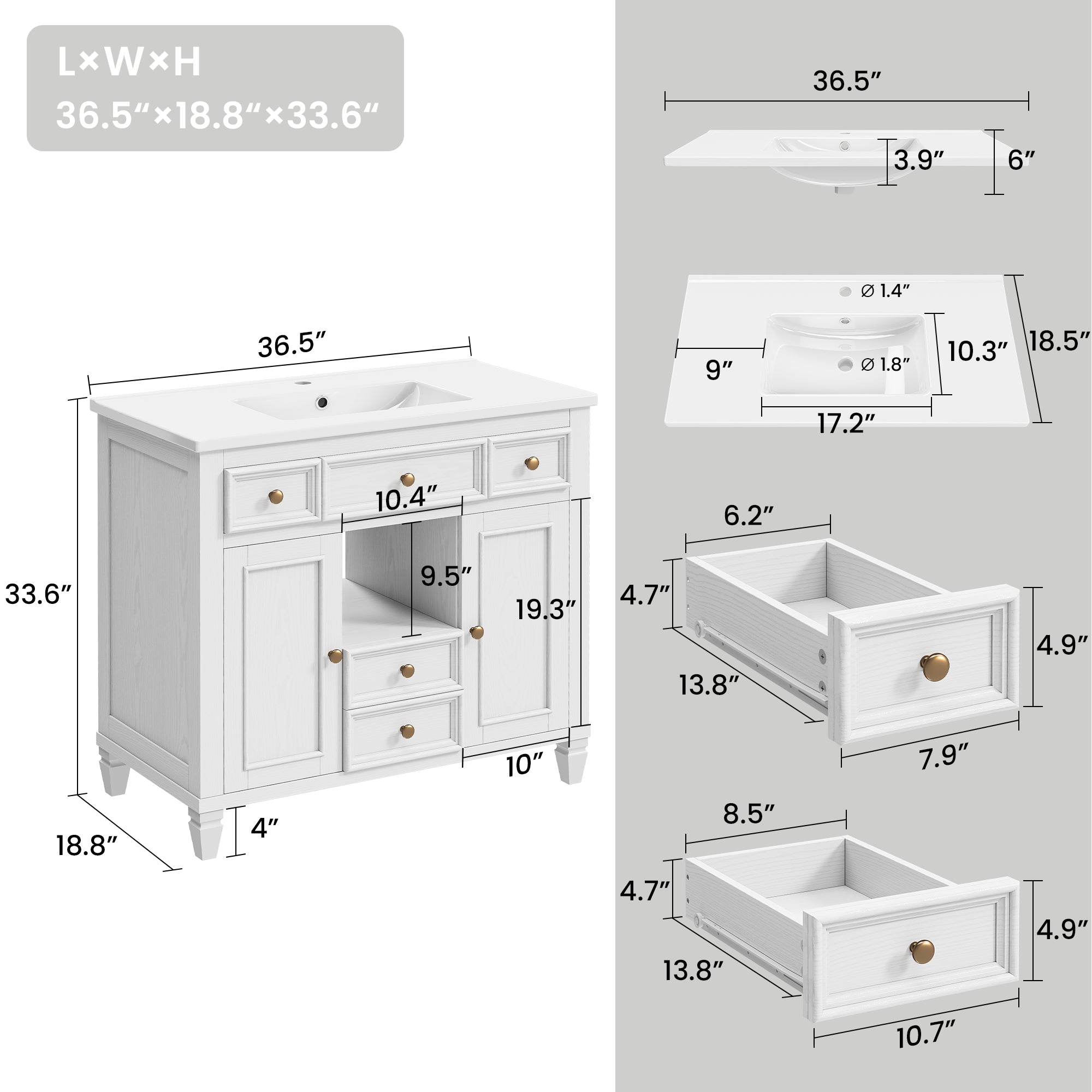 36 Inch Bathroom Vanity with Sink, White Modern Single Sink Vanity with 4 Drawers, 2 Doors and Solid Wood Legs