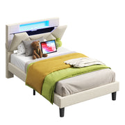 Twin Bed Frame with Storage Headboard, Beige