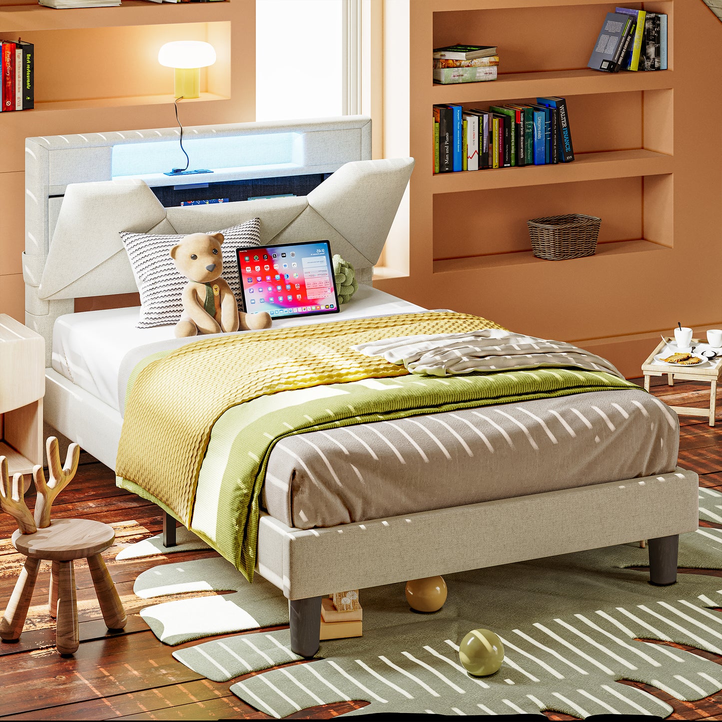 Twin Bed Frame with Storage Headboard, Beige