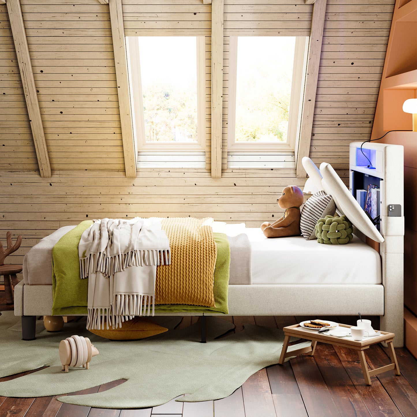 Twin Bed Frame with Storage Headboard, Beige