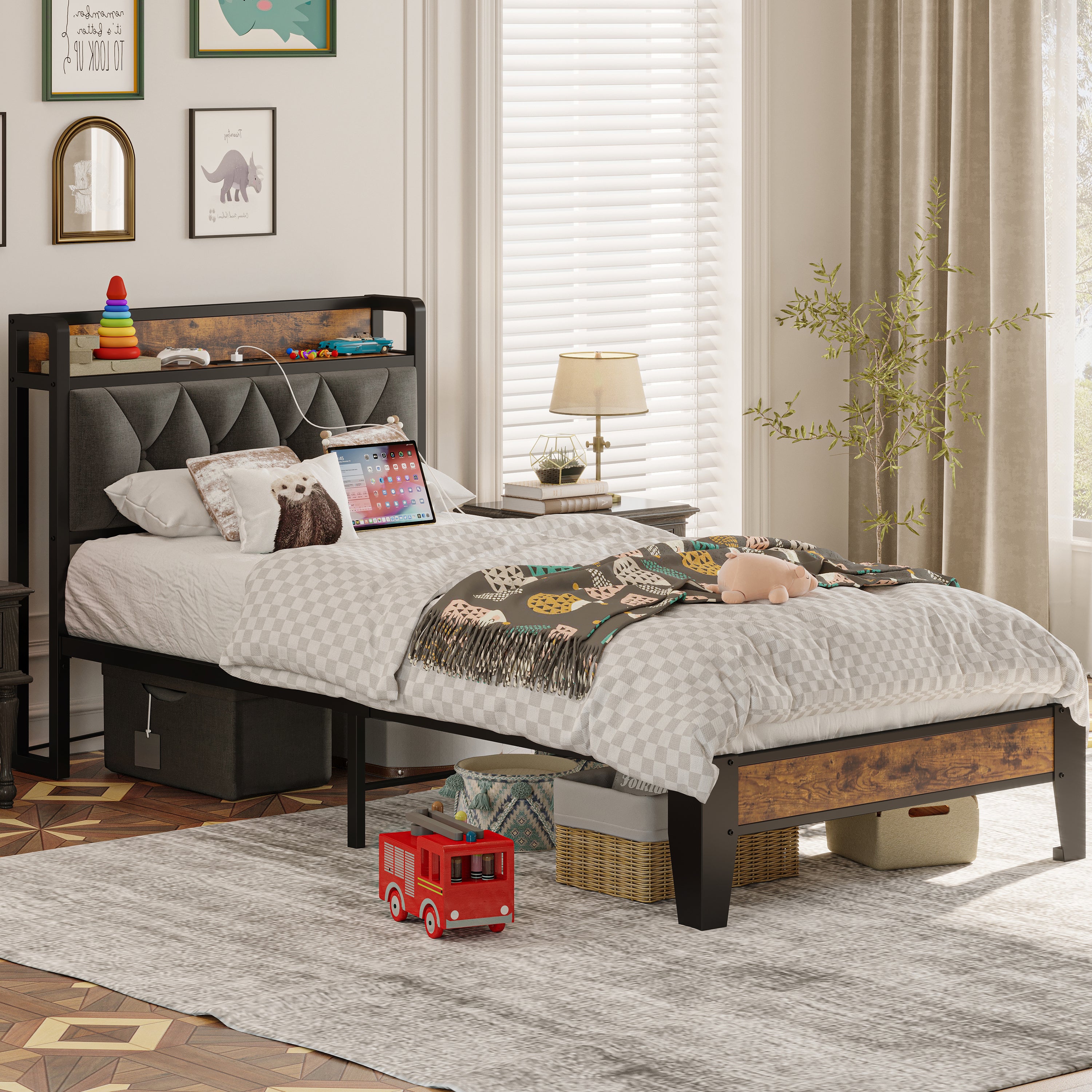 Twin Bed Frames, Storage Headboard with Outlets