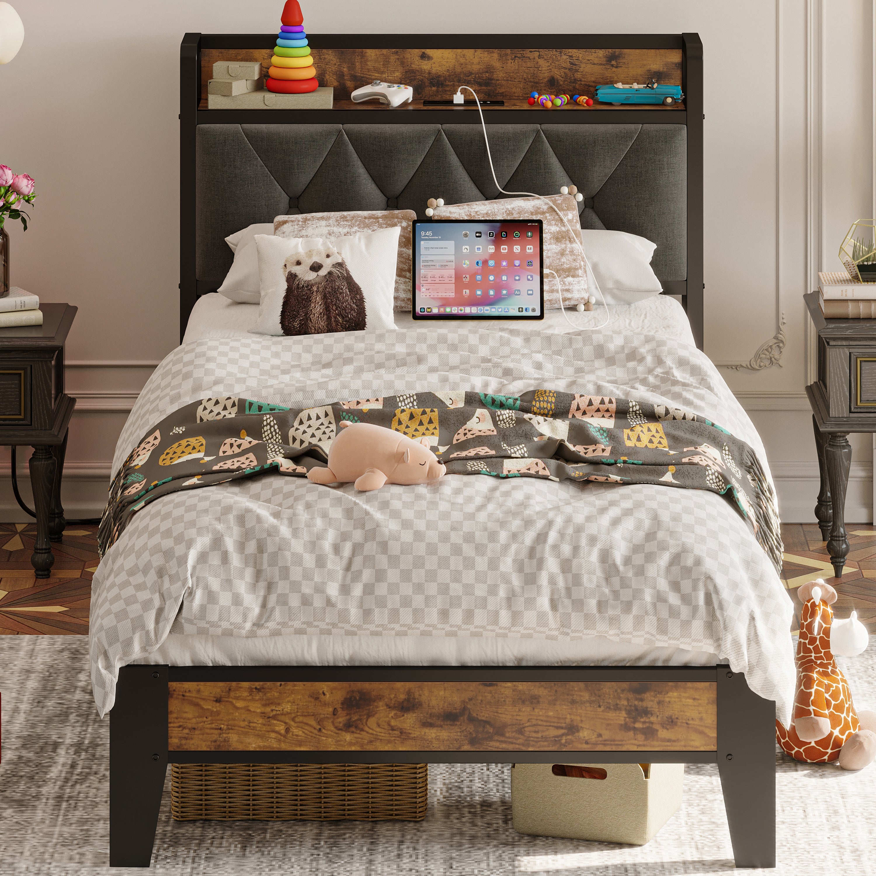 Twin Bed Frames, Storage Headboard with Outlets