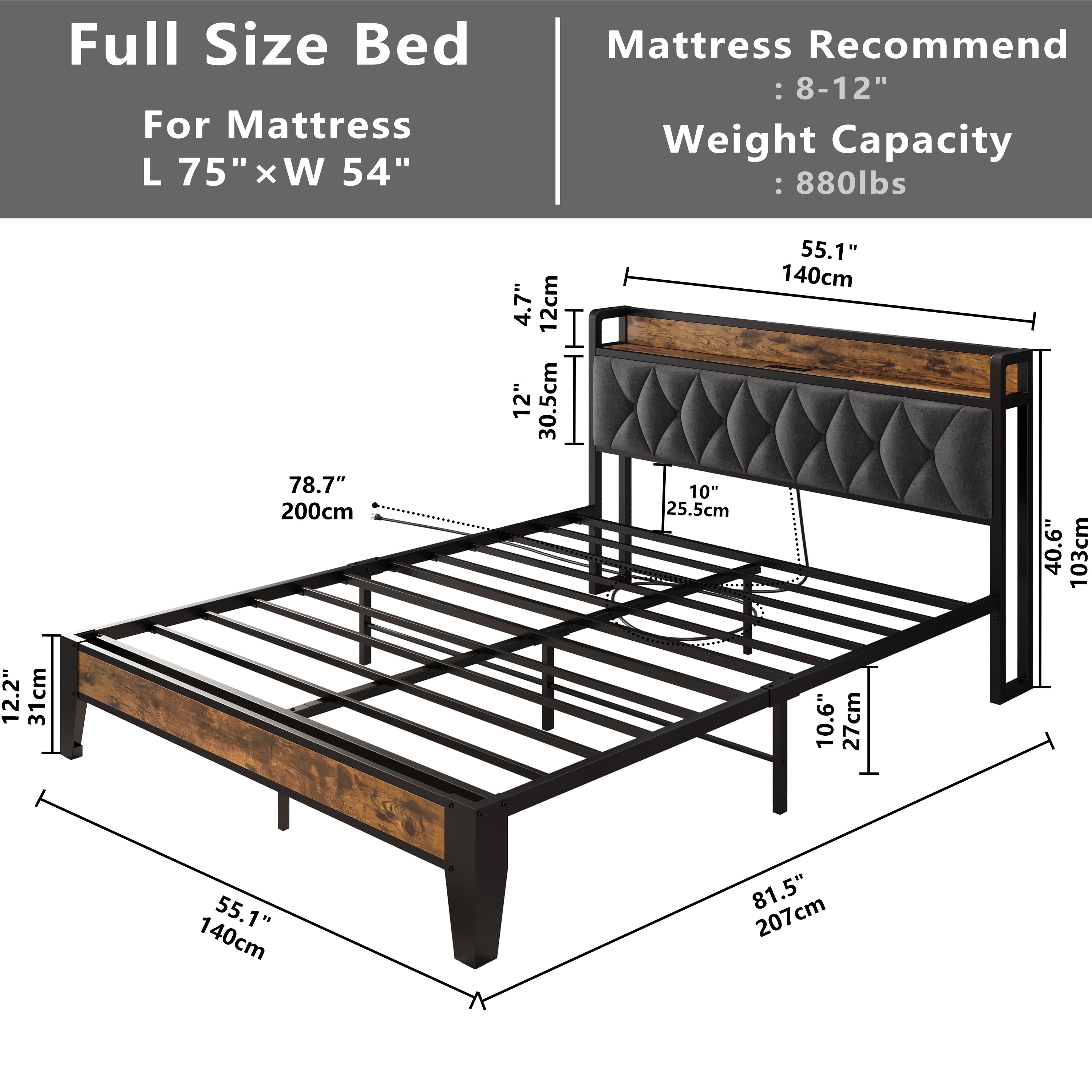 Full Size Bed Frame, Storage Headboard with Outlets