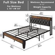 Full Size Bed Frame, Storage Headboard with Outlets