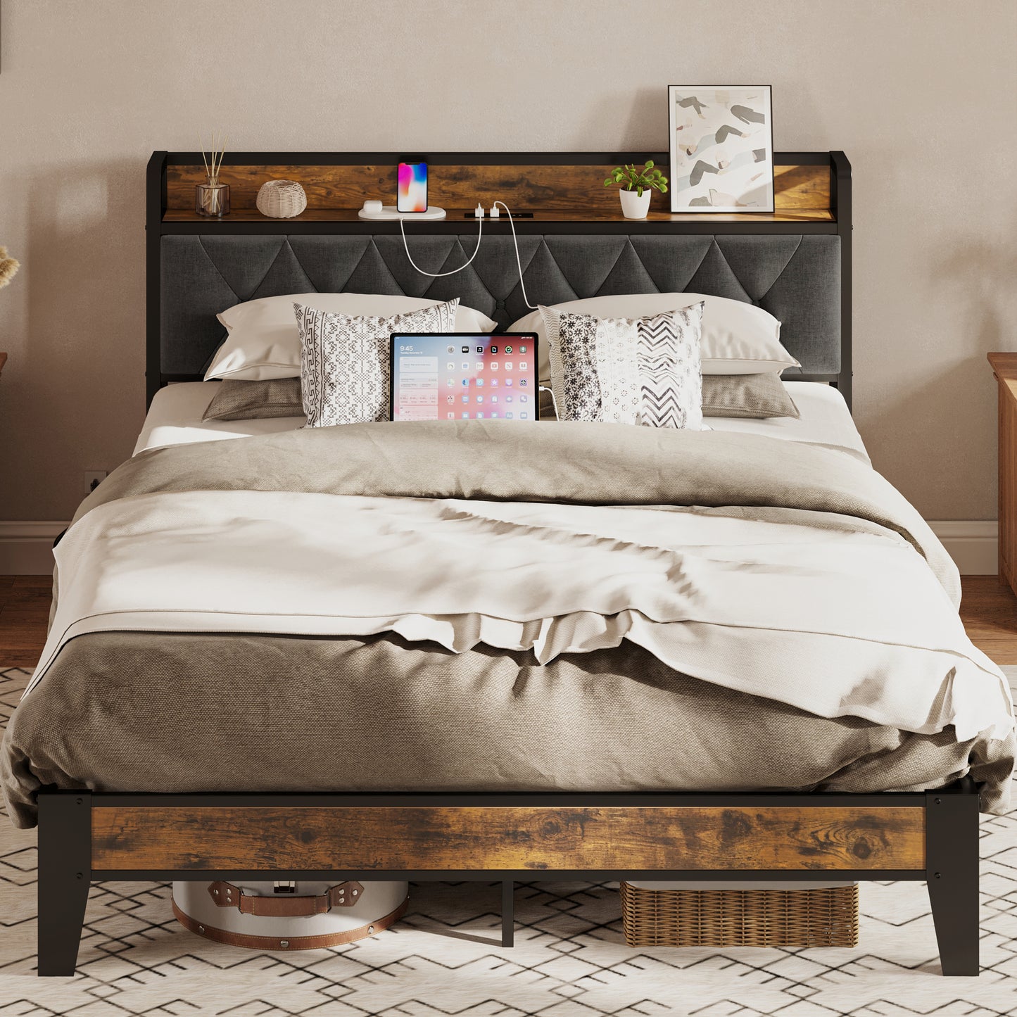 Full Size Bed Frame, Storage Headboard with Outlets