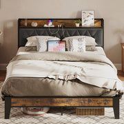 Full Size Bed Frame, Storage Headboard with Outlets
