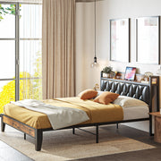 Full Bed Frame, Storage Headboard with Outlets, Rustic Brown and Black