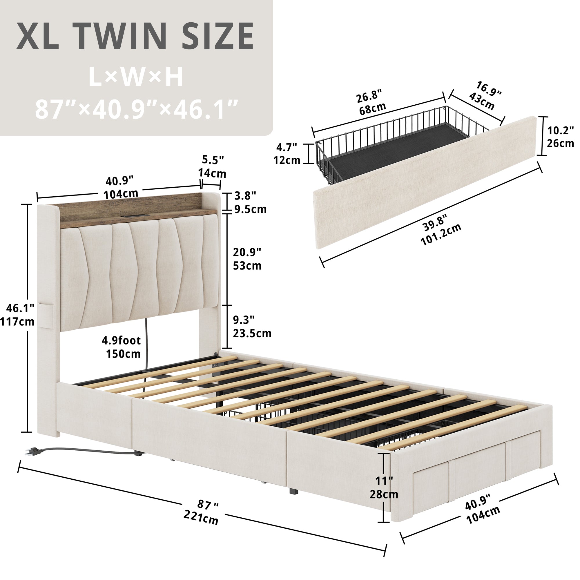 Twin XL Bed Frame with 3 Drawers,Beige