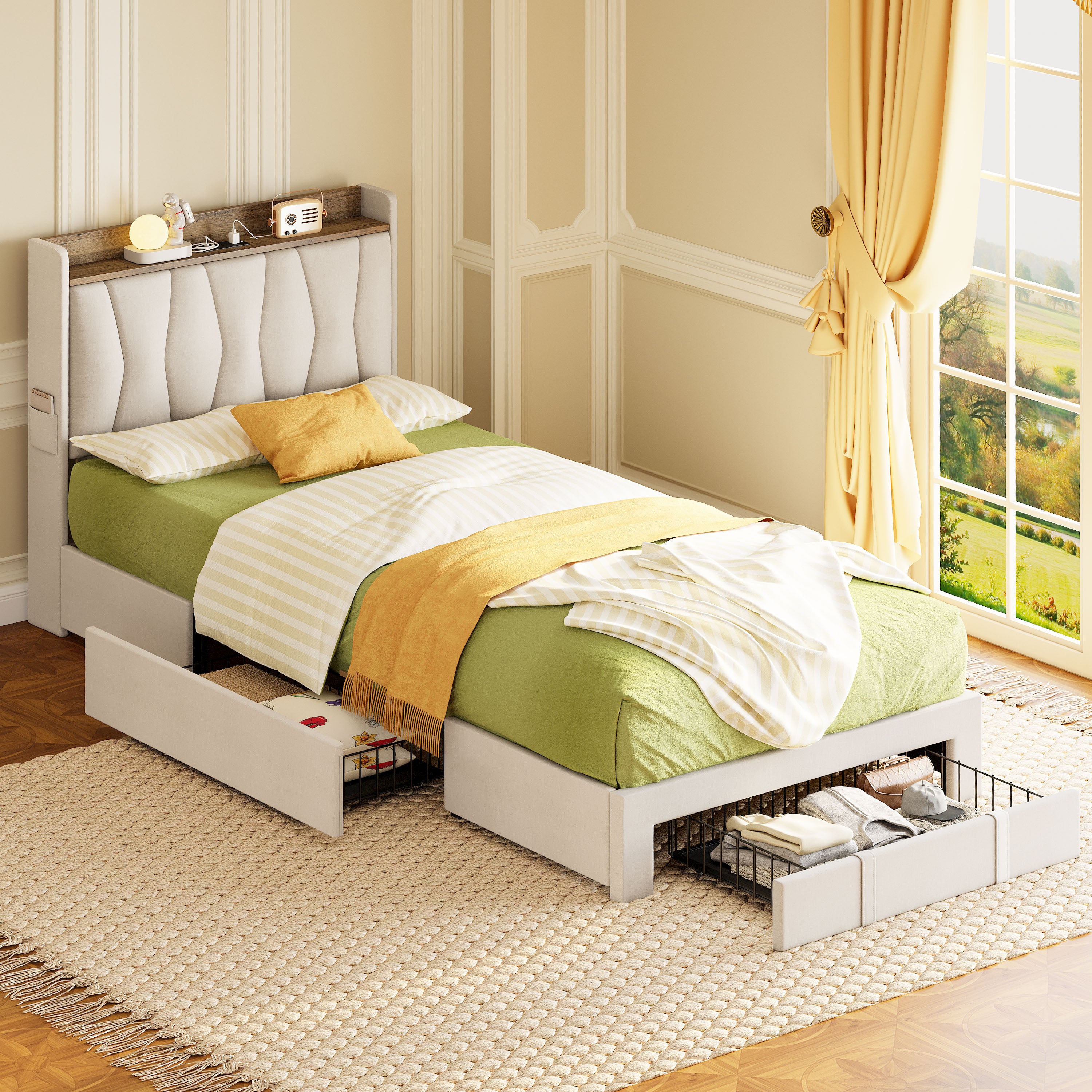 Twin XL Bed Frame with 3 Drawers,Beige
