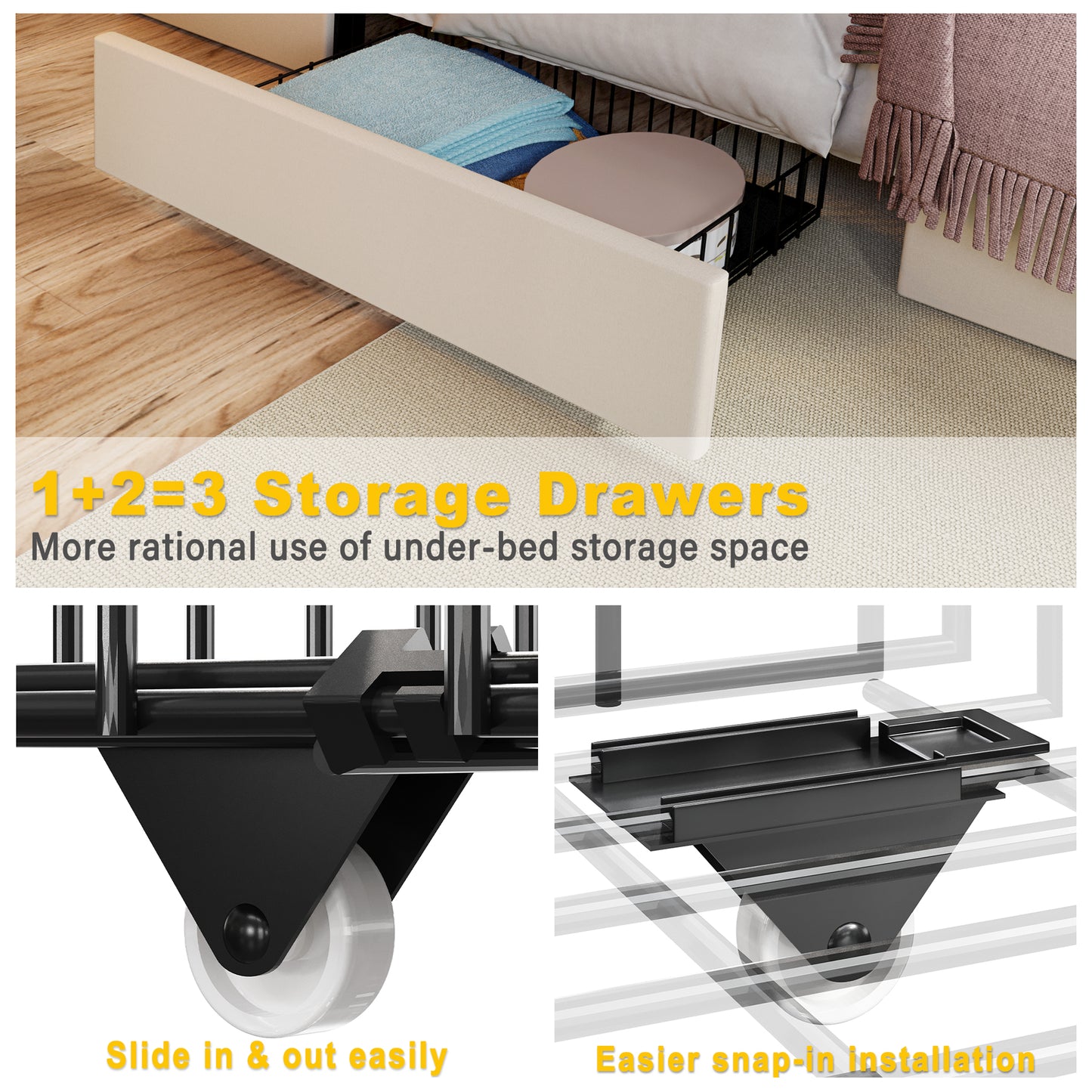 Twin XL Bed Frame with 3 Drawers,Beige