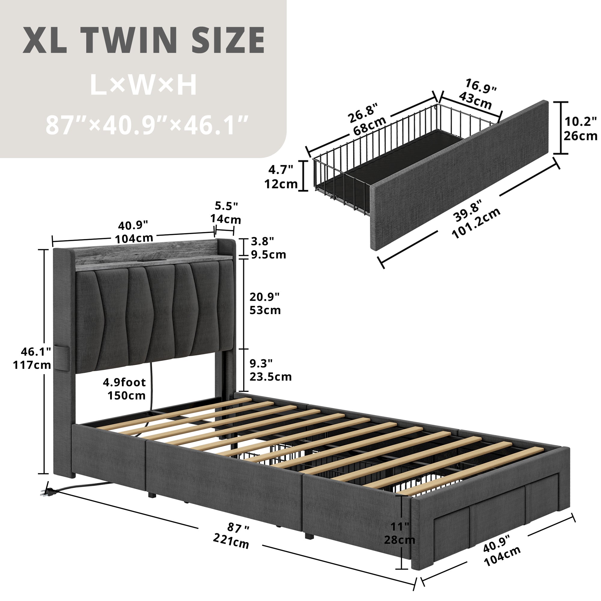 Twin XL Bed Frame with 3 Drawers,Grey