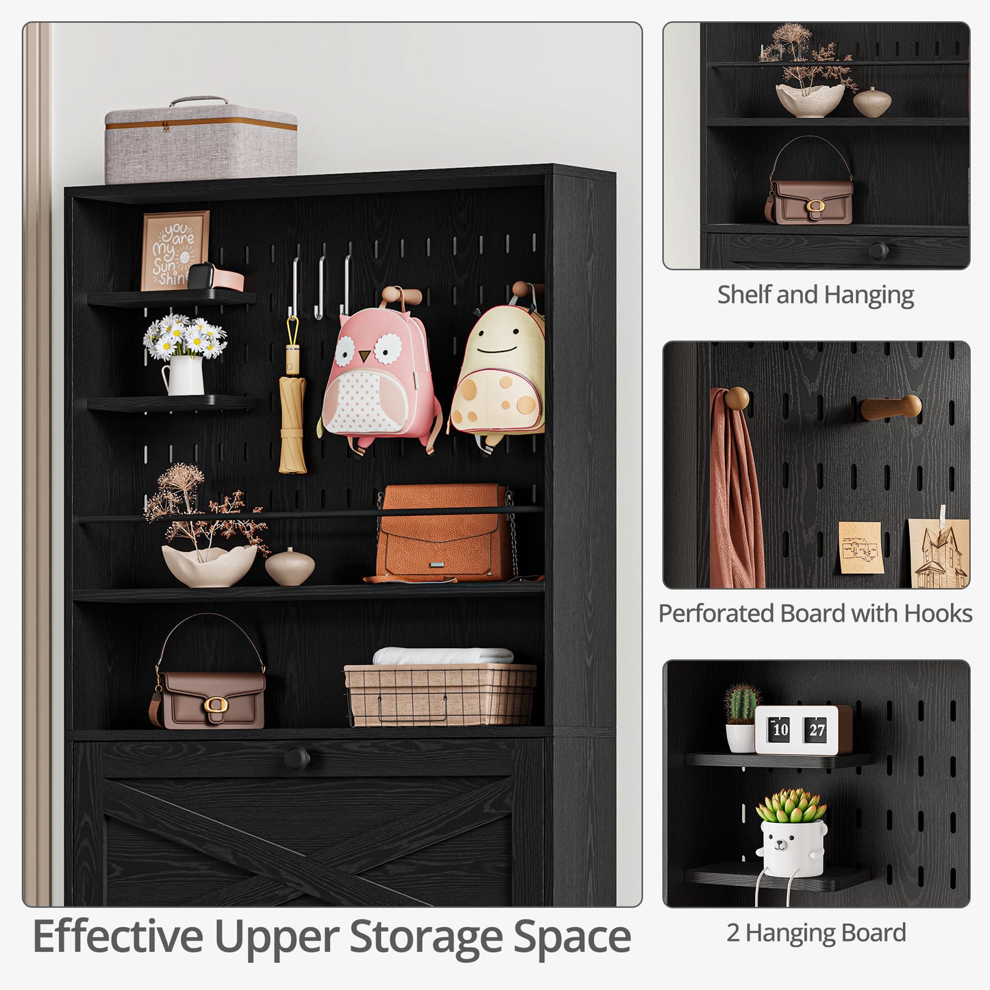 Shoe Cabinet Storage with 3 Flip Drawers and Pegboard Rack,Black