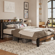 Full Size Bed Frame, Storage Headboard with Outlets