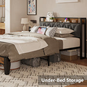Full Size Bed Frame, Storage Headboard with Outlets