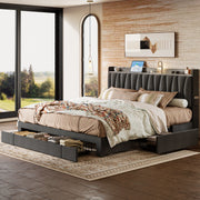 King Size Bed Frame with Storage Headboard and Charging Station, Grey
