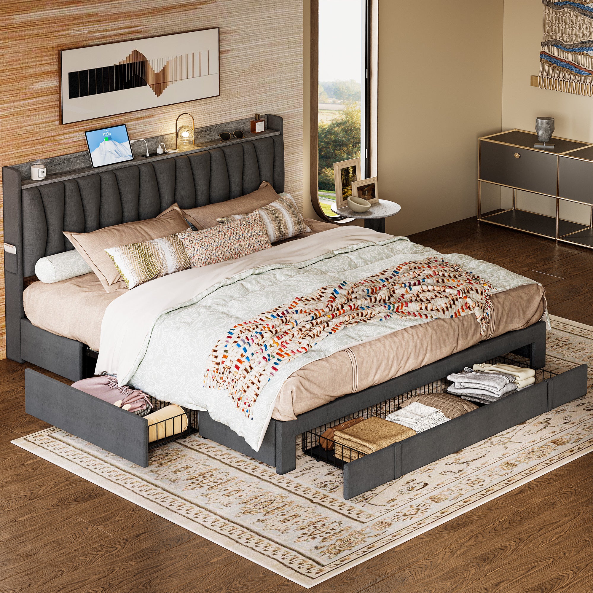 King Size Bed Frame with Storage Headboard and Charging Station, Grey