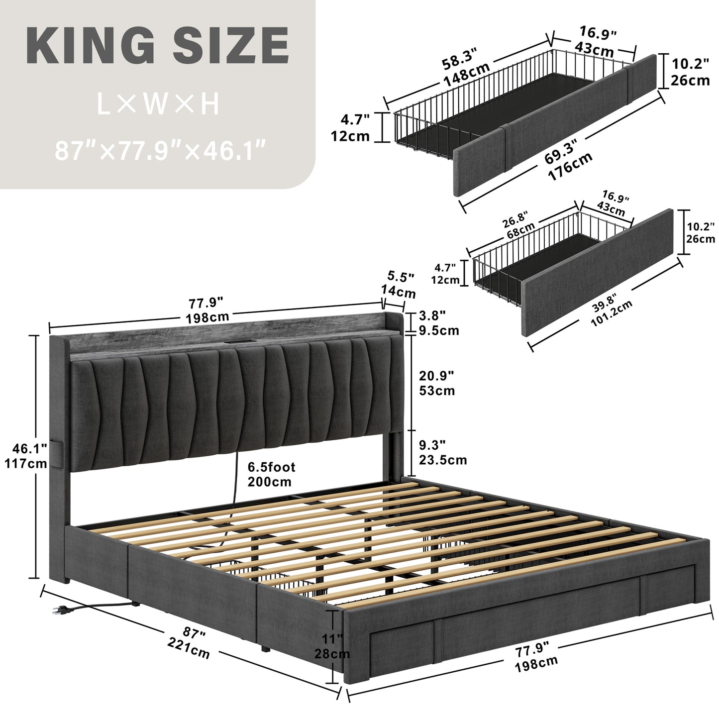 King Size Bed Frame with Storage Headboard and Charging Station, Grey