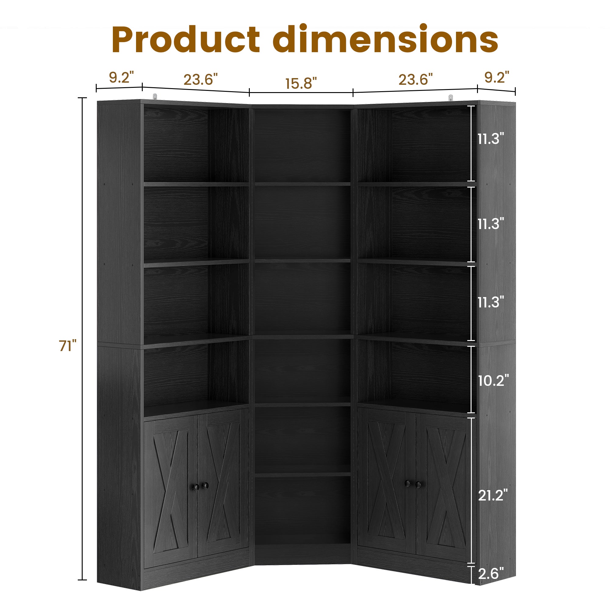 7 Tiers Corner Bookcase with Doors and 2 Storage Cabinets, Large L-Shaped Bookshelf, Tall Corner Book Shelf for Living Room, Study, Black