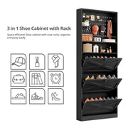 Shoe Cabinet Storage with 3 Flip Drawers and Pegboard Rack,Black
