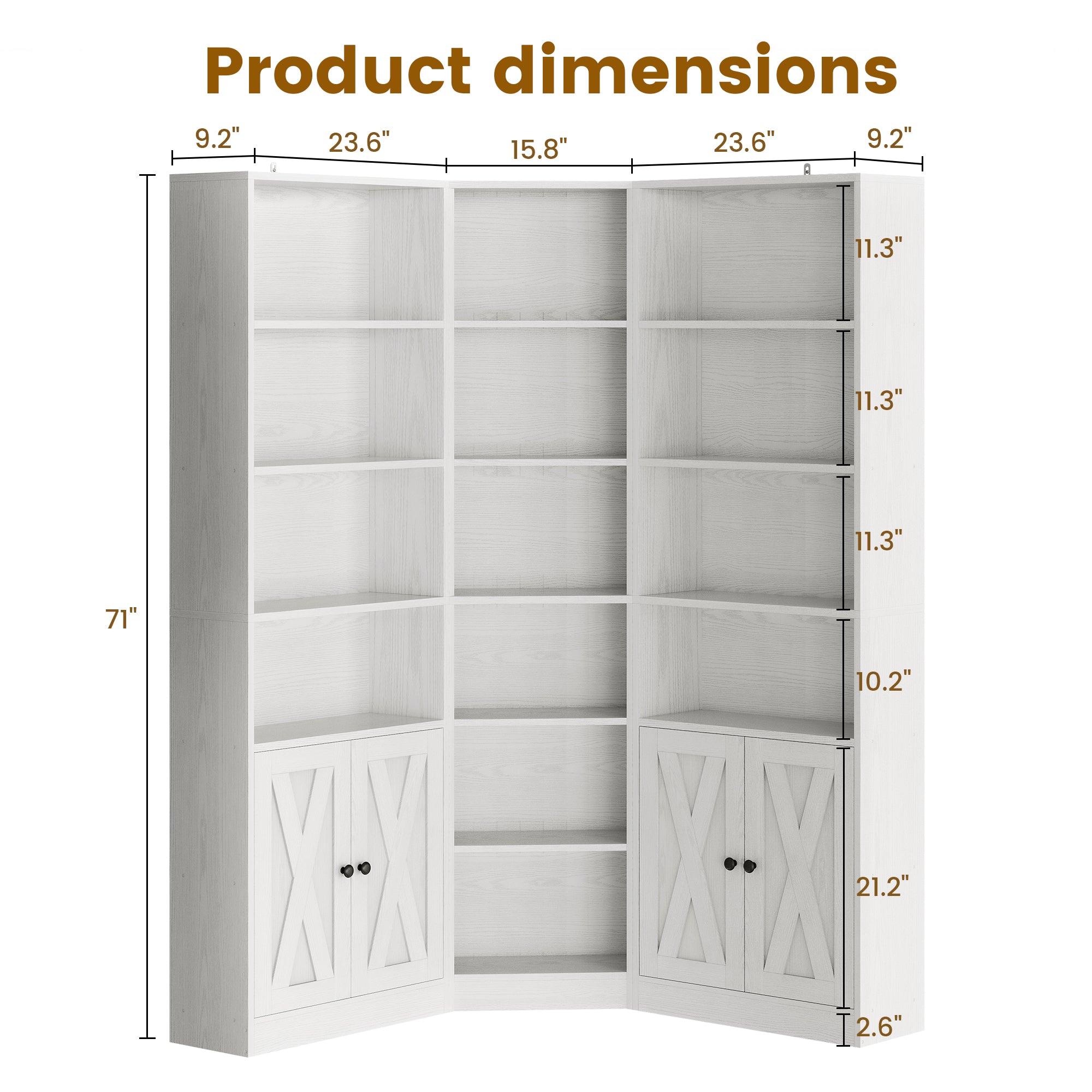 Large Corner Bookshelf with 2 Doors and Storage Cabinets, L-Shaped 7 Tiers Wood Bookcase, Tall Corner Book Shelf for Living Room, Home Office, White