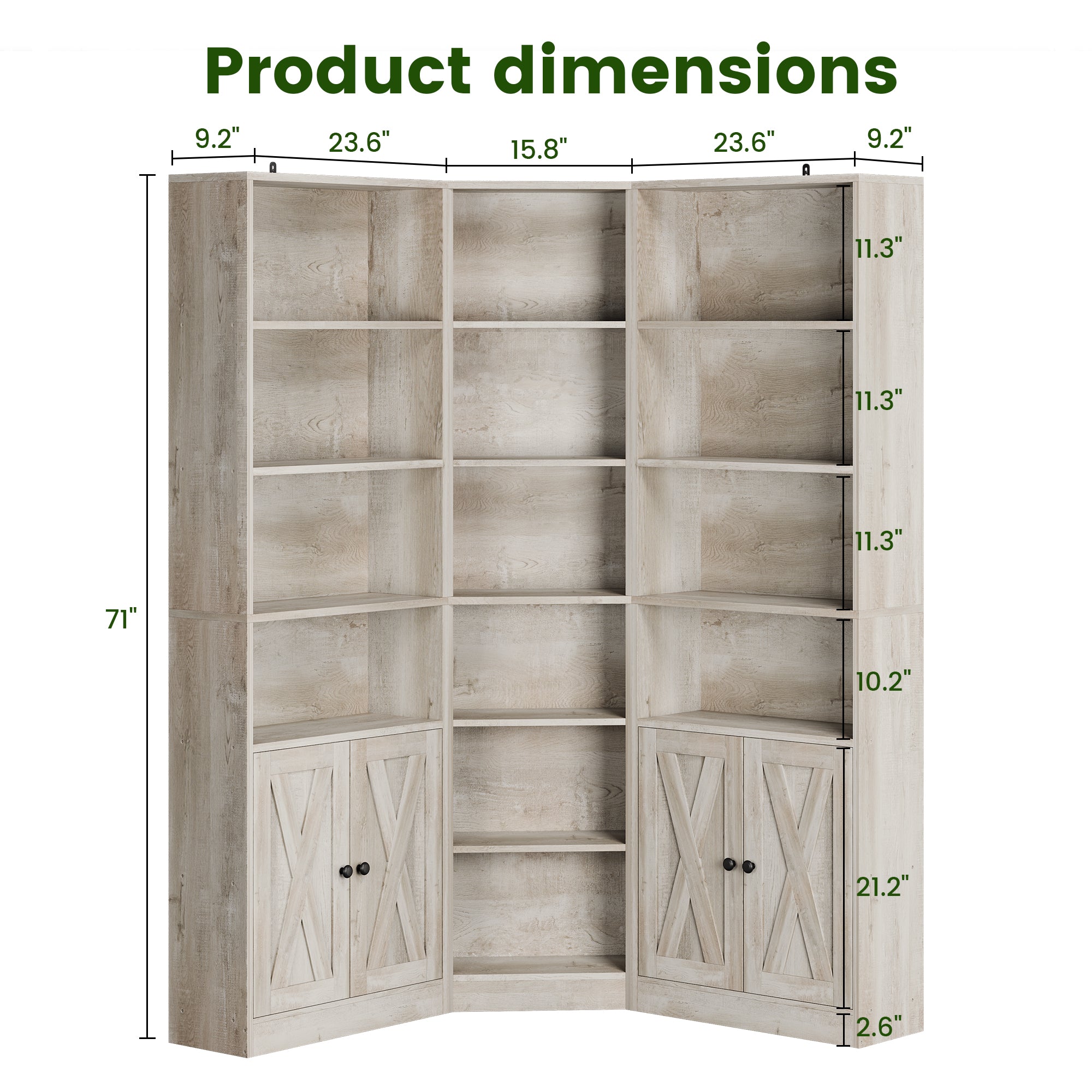 Large Corner Bookshelf with 2 Doors and Storage Cabinets, L-Shaped 7 Tiers Wood Bookcase, Tall Corner Book Shelf for Living Room, Home Office, Rusitc Maple