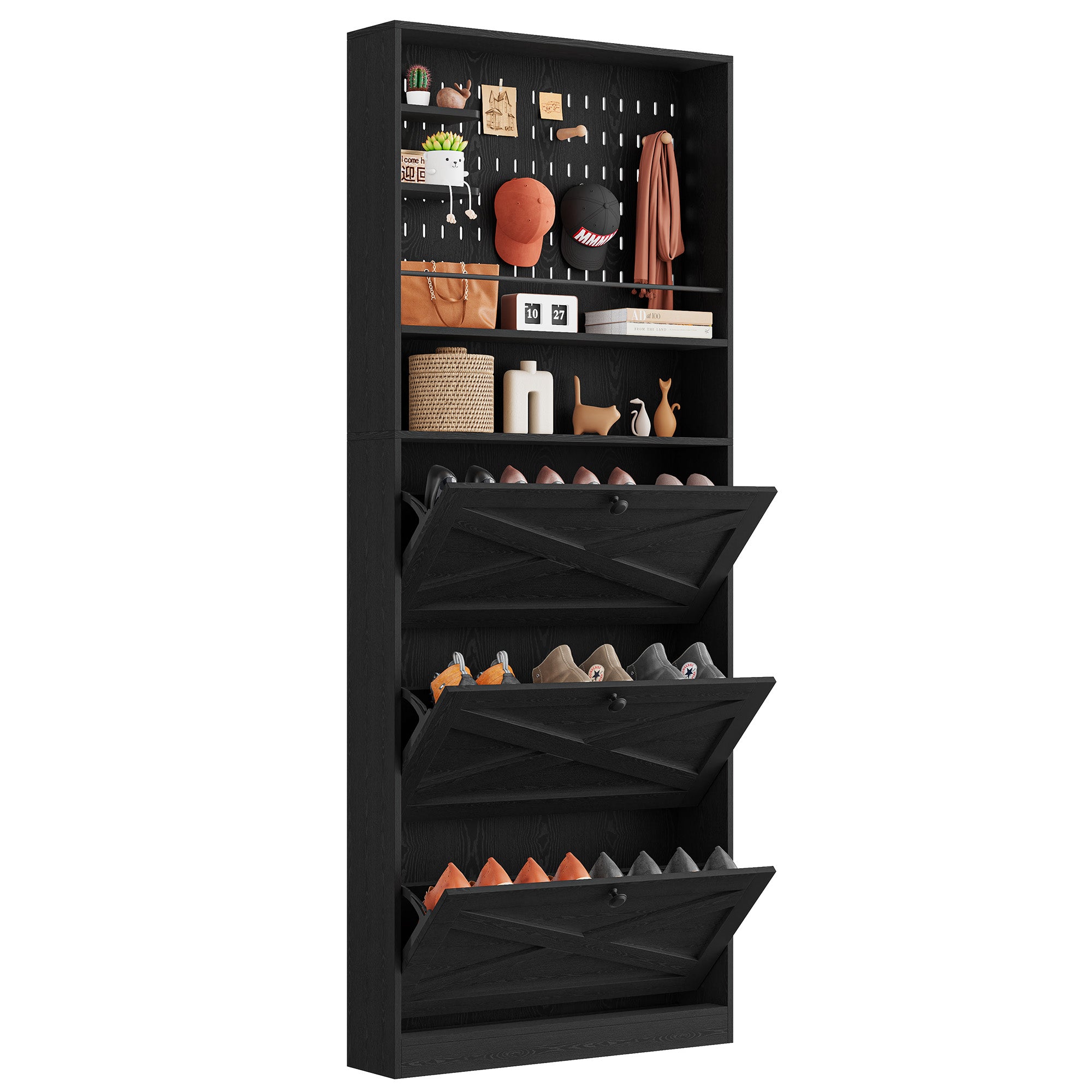 Shoe Cabinet Storage with 3 Flip Drawers and Pegboard Rack,Black