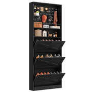 Shoe Cabinet Storage with 3 Flip Drawers and Pegboard Rack,Black